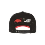 Rear view of black cap with red-and-white embroidery and adjustable snapback