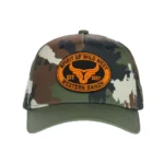 Front view of camouflage five-panel cap with orange embroidered western patch