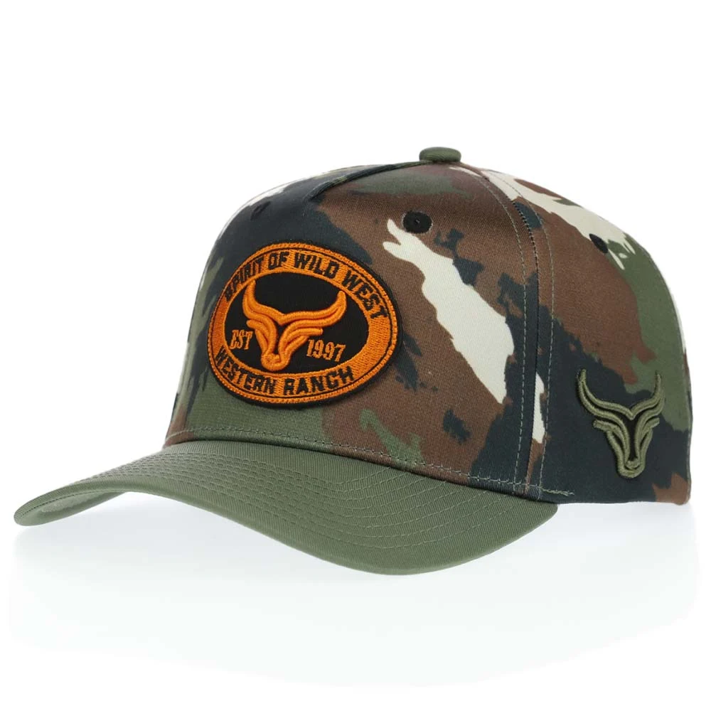 P525 camouflage western cap with embroidered patch, front angle