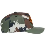 Opposite-side view of full-fabric camouflage cap and curved visor