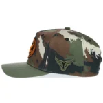 Camouflage cap side with raised bull-head embroidery and curved olive visor