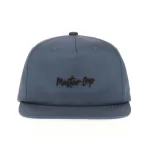 Front view of light gray-blue 5-panel flat bill cap with black-and-white chain stitch embroidery