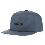 Light gray-blue custom 5-panel flat bill snapback cap with chain stitch embroidery, front angle