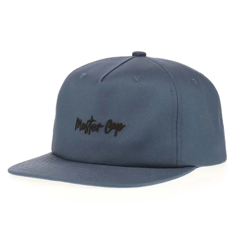 Light gray-blue custom 5-panel flat bill snapback cap with chain stitch embroidery, front angle
