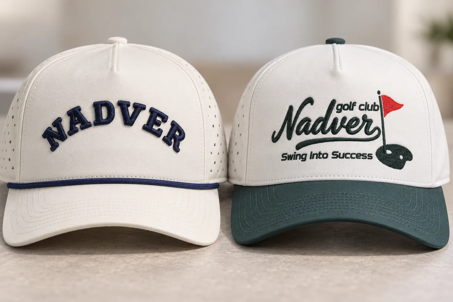 Close comparison of raised 3D embroidery and multicolor flat embroidery on two MasterCap cap samples.