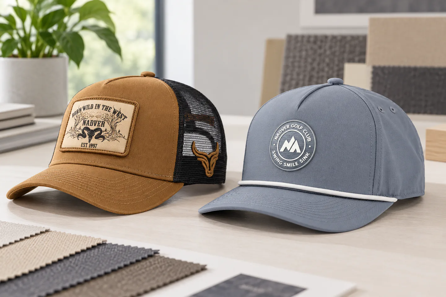 DM50-0146 woven-patch trucker cap beside a DM50-0043 cap with a silicone heat-transfer logo.