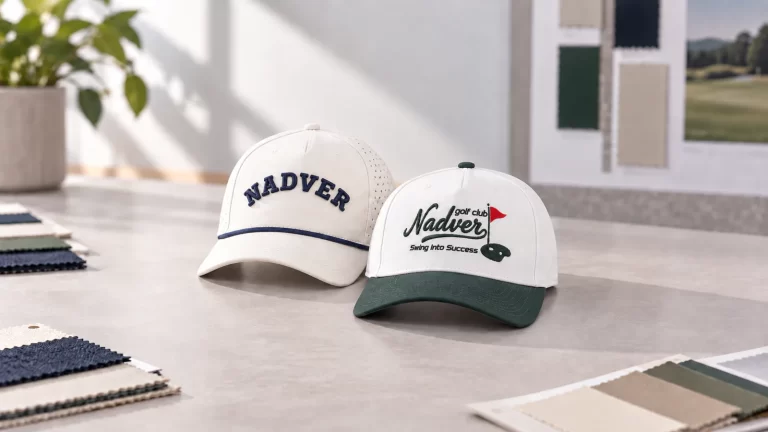 DM50-0046 cap with raised embroidery beside a DM50-0055 cap with multicolor flat embroidery.
